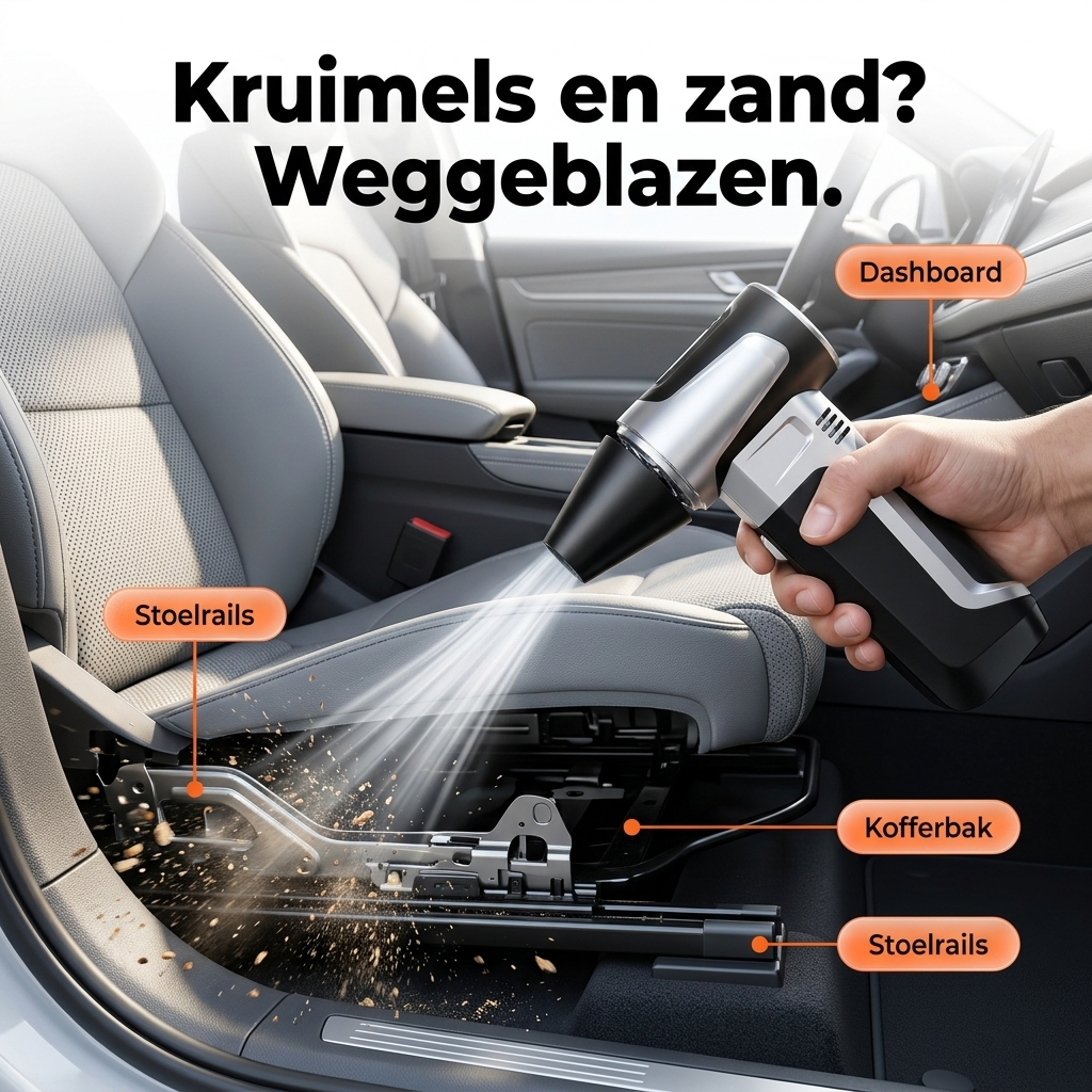 BlastMate blaast kruimels en zand uit de auto — stoelrails, kofferbak en dashboard