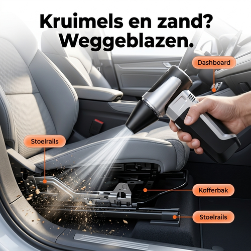 BlastMate blaast kruimels en zand uit de auto — stoelrails, kofferbak en dashboard