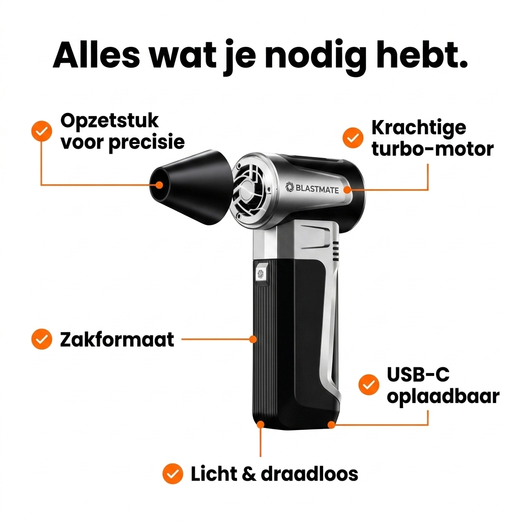 BlastMate features — USB-C oplaadbaar, zakformaat, turbo-motor, opzetstuk